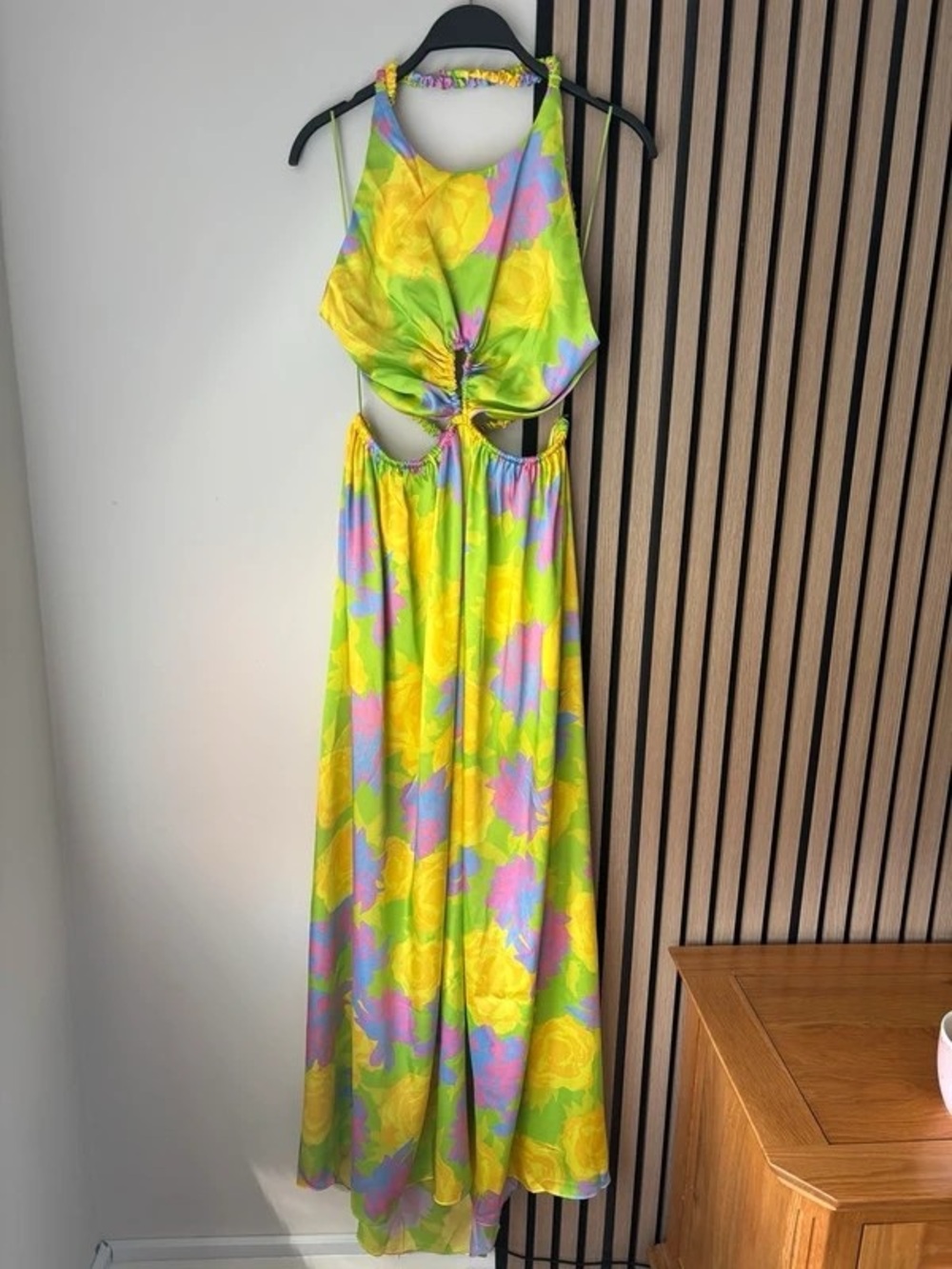 Yellow Floral Cutout Halter Maxi Dress